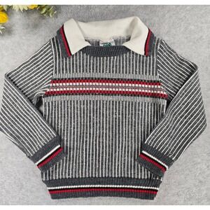 Vintage Bull Frog Knits Size 4T Acrylic Gray Stripe Polo‎ Sweater Made USA